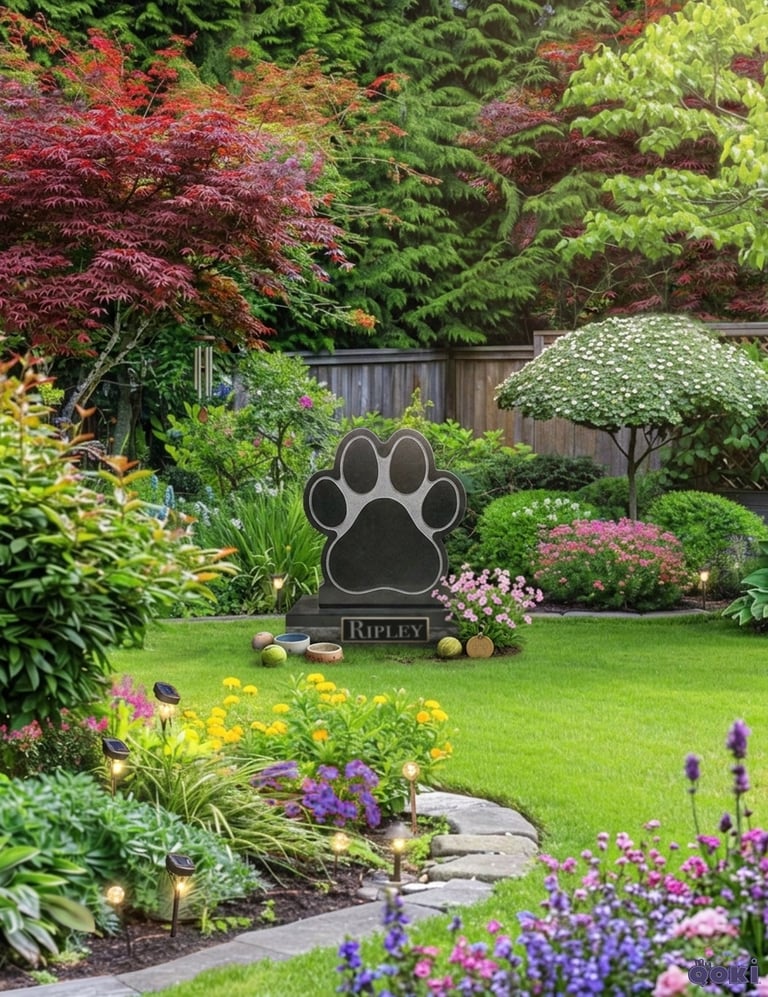 A green area with a paw print headstone