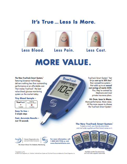 Product names and ad for blood glucose monitors.