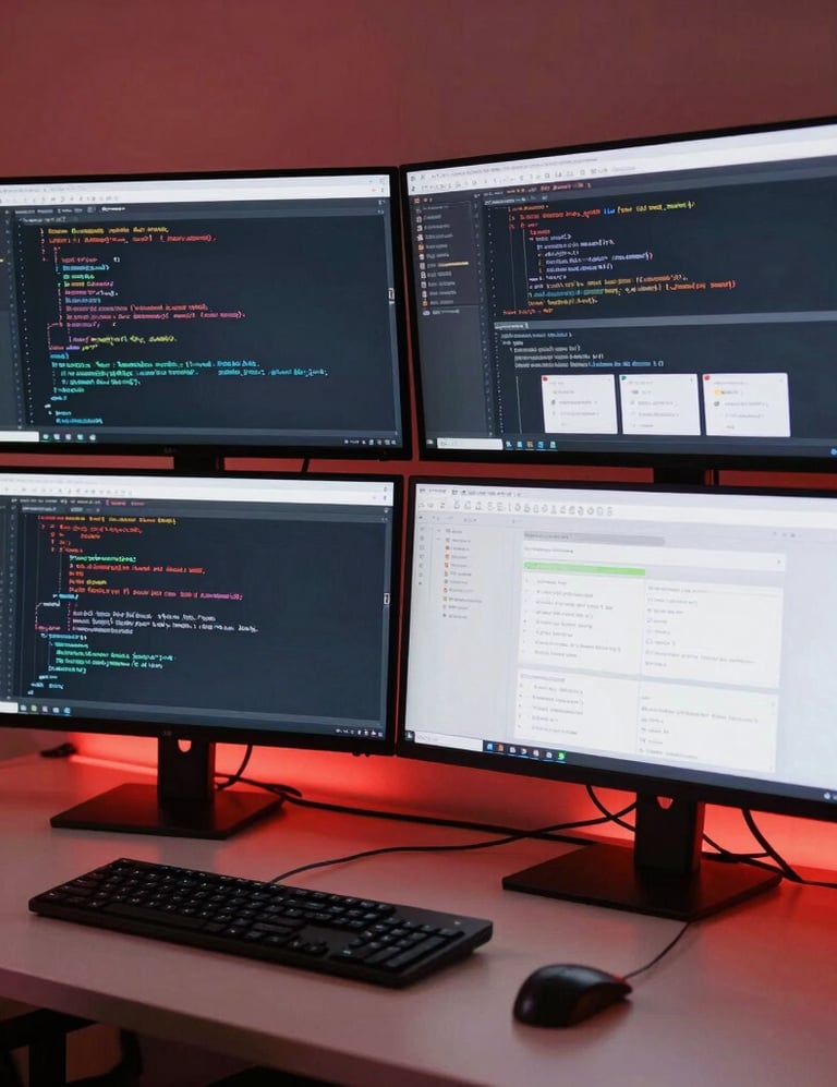 Modern technical workspace with multi-monitor setup displaying lines of clean code and website design layouts, warm ambient crimson lighting accents, high-end professional setup, located in Germany.