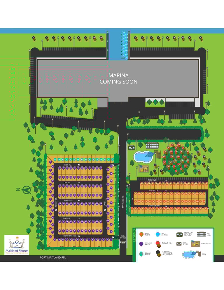Maitland Shores site map showing RV park layout, marina, pool area, and campsite locations.