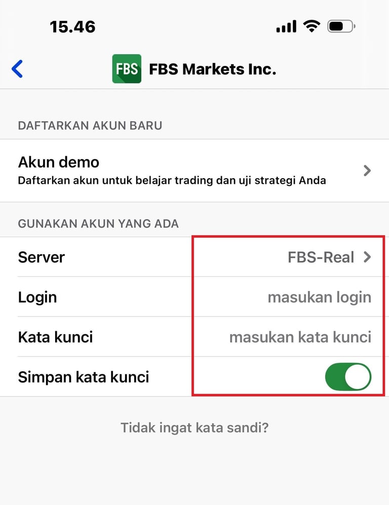 Masukan ID login dan Kata sandi untuk memulai trading