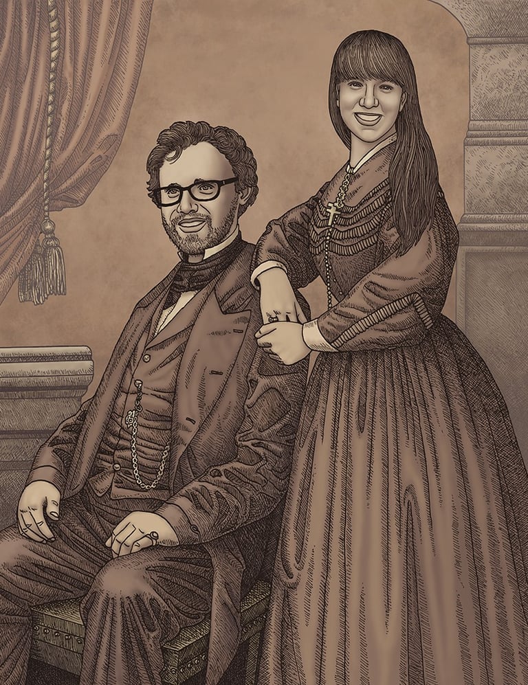 A modern couple in 1900's style clothing with a curtain in the back.