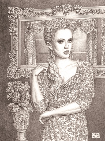 A pencil drawing of a young woman wearing an elaborate patterned dress in front of a mirror.