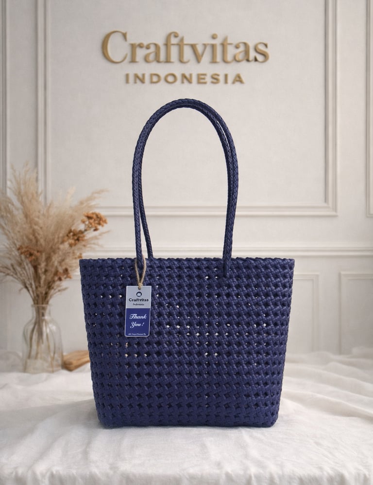 Tas anyaman plastik model sekar warna navy handmade Craftvitas Indonesia