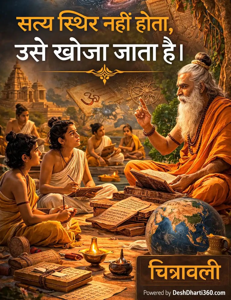 वेद से दर्शन तक भारतीय ज्ञान परंपरा का प्रतीकात्मक चित्र जहाँ गुरुकुल में ऋषि शिष्यों को ज्ञान और प्रश्न की परंपरा सिखाते हुए