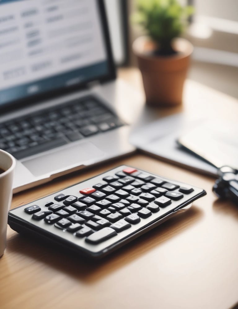 calculator on a desk with laptop open and coffee behind it