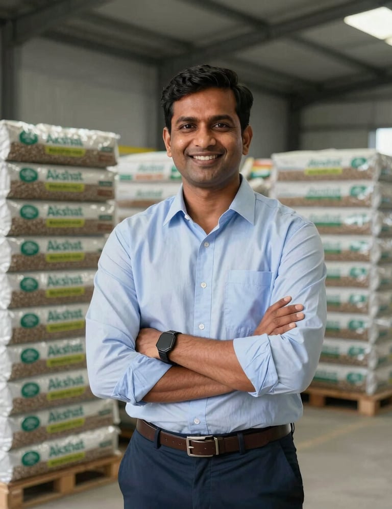 A smiling, successful South Asian / Indian agri-distributor standing proudly in front of a modern agricultural seed warehouse filled with neatly stacked, branded bags of Akshat Agrotech seeds. Crisp daylight, confident corporate atmosphere.