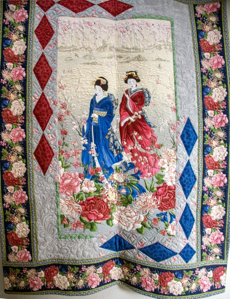 Traditional quilt featuring a central panel with decorative pieced borders.