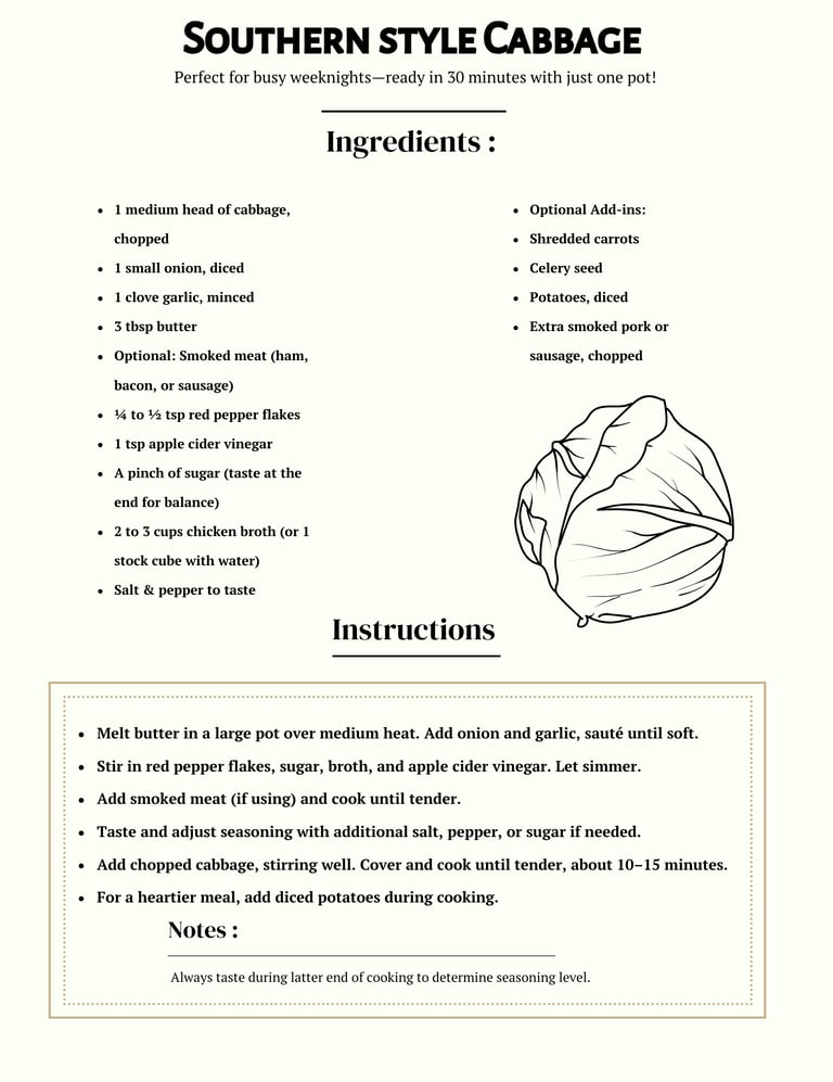 cabbage recipe card