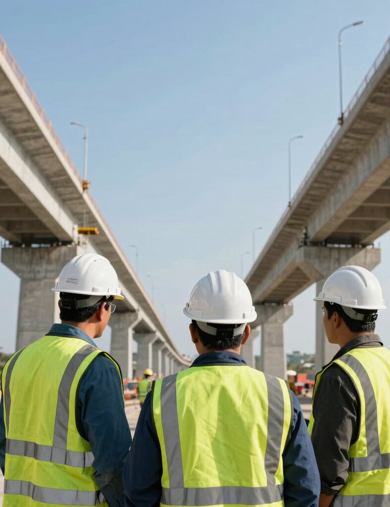 Civil engineers wearing safety helmets and reflective vests overlooking a large-scale infrastructure bridge construction project in Mexico / Latin America during daytime. Crisp sunlight, clear blue sky, geometric concrete structures, professional engineering photography.