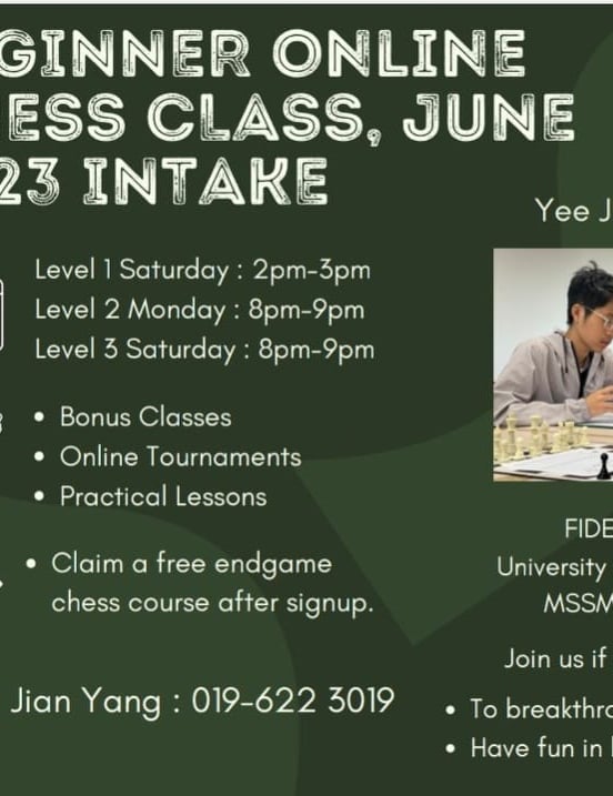 Malaysia Chess Beginner Online Chess Class by Coach Yee Jian Yang 