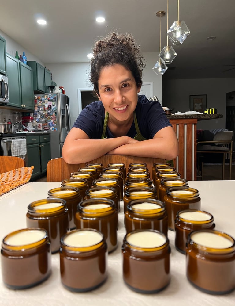Handcrafted whipped tallow cream in amber glass jars by Vacaluna, natural grass-fed skincare made in small batches.