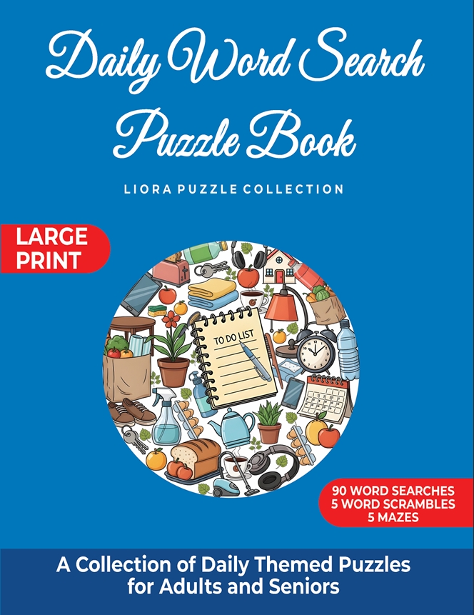 Daily Word Search Puzzle Book cover featuring illustrated everyday items and a to-do list.