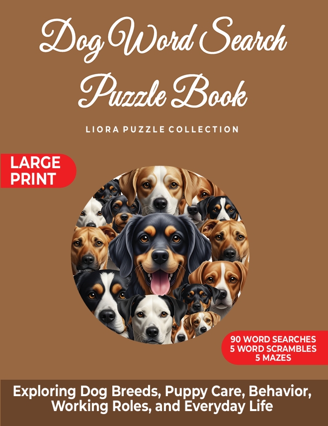 Dog Word Search Puzzle Book cover featuring dog faces.