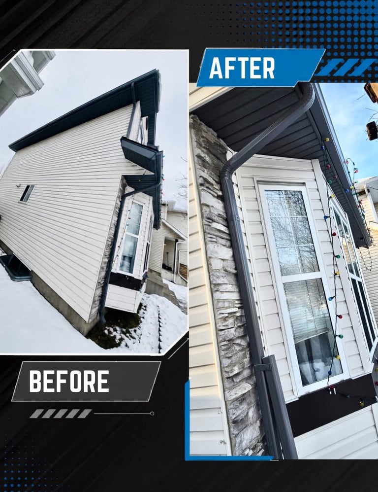 Damaged residential gutters after hailstorm in Country Hills NW Calgary.