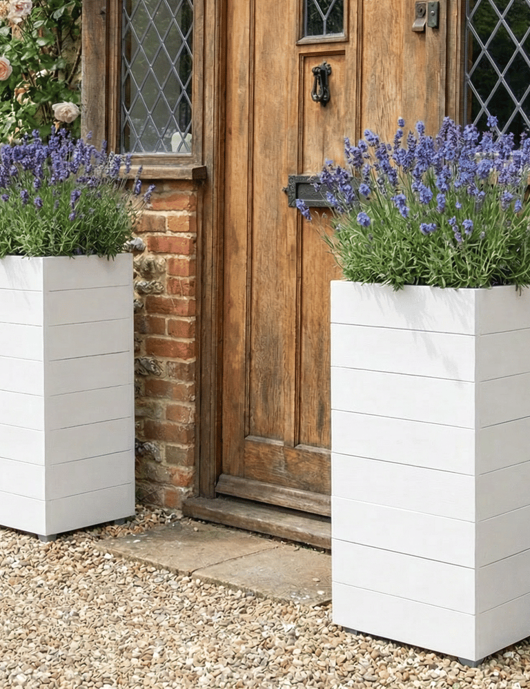 handmade planter tall narrow plant box  made from wood quality plant box painted in white colour elegant garden decor