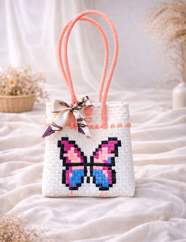 Tas anyaman karakter kupu-kupu warna pink biru handmade dari plastik