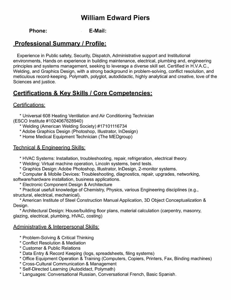 william edward piers resume page one