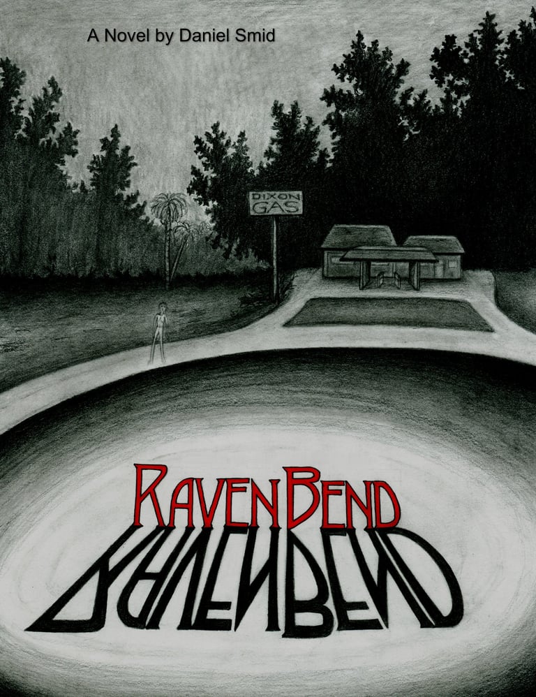 Raven Bend title; a gas station and sign before a dark line of trees with a ghostly figure