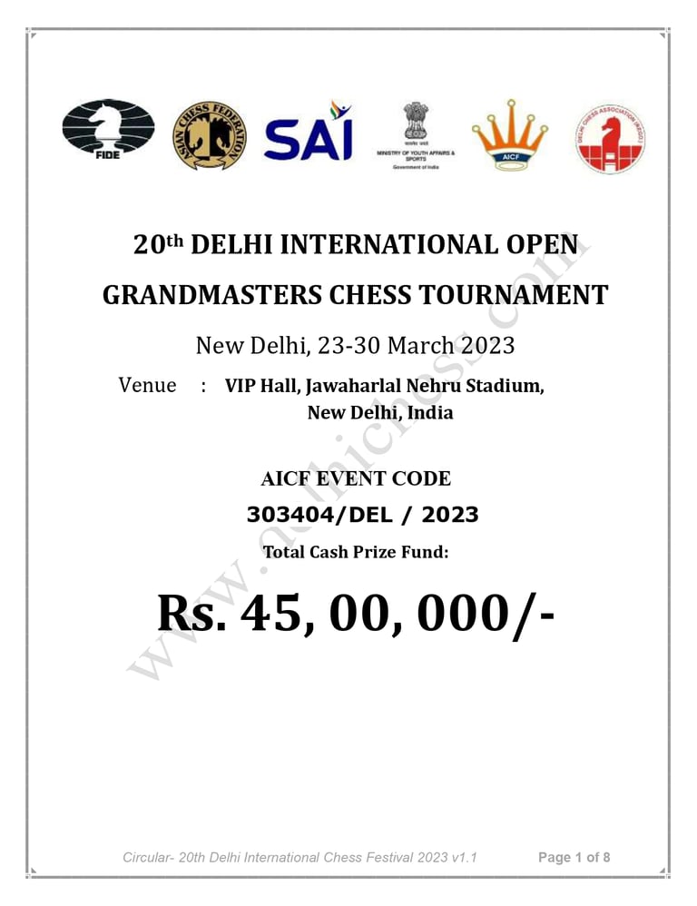20th Delhi International Open Grandmasters Chess Tournament 2023. India Chess. AICF Chess. ACF Chess