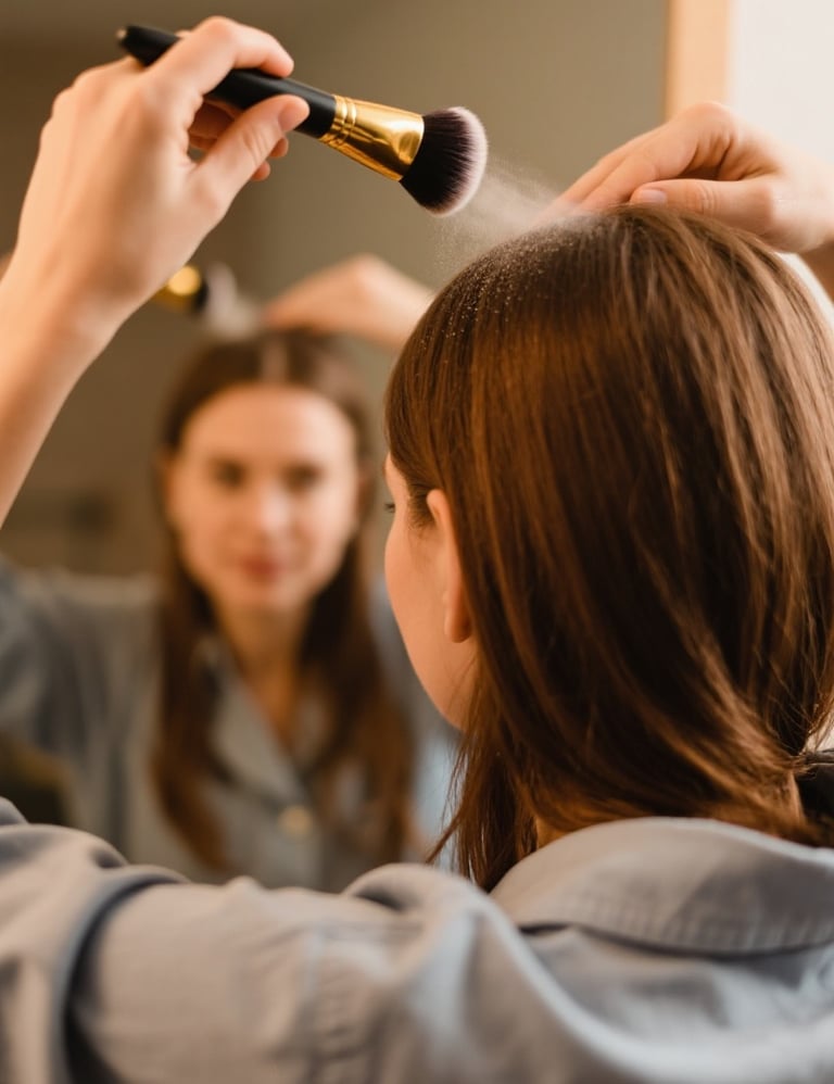 lady applying Back2naturalness dry shampoo powder on her hair 