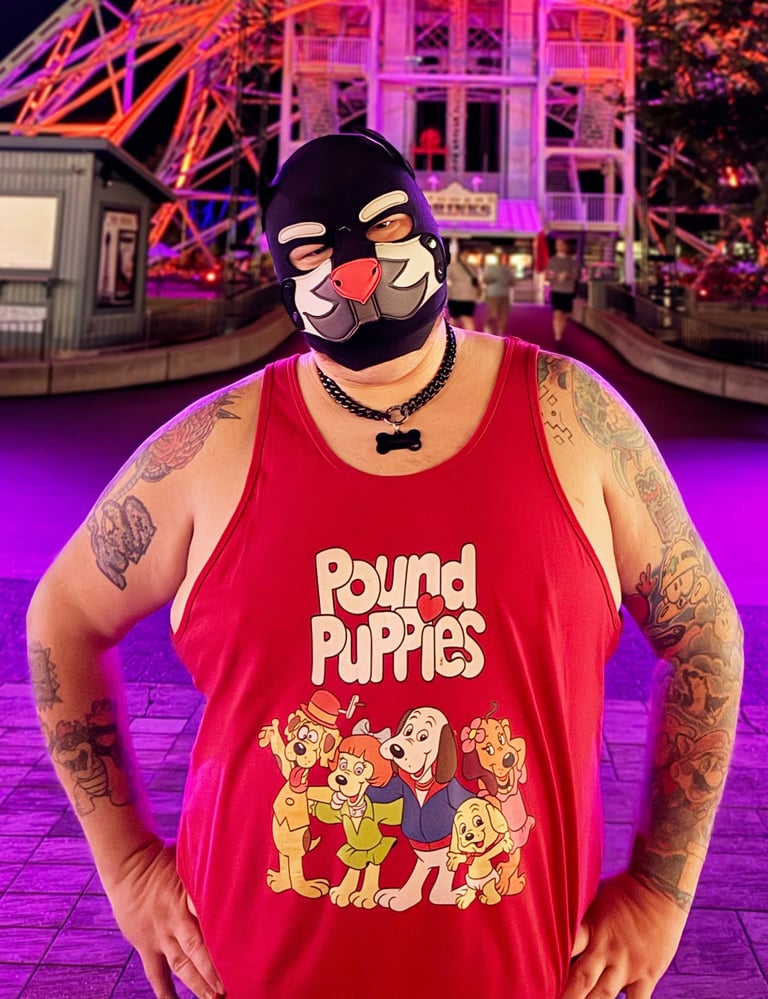 Man in a pup mask at a theme park at night.