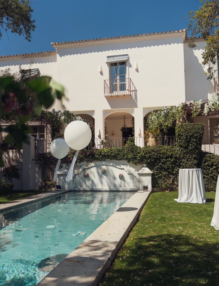 Villa facade with pool and garden at Finca Santa Katerina