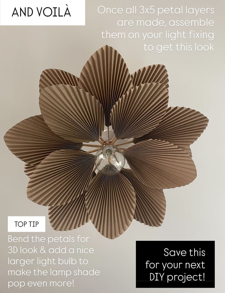 finished DIY 3D flower lampshade with retro light bulb