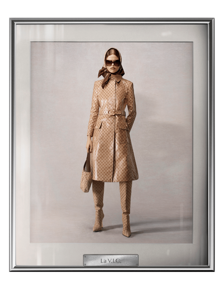 Gucci Spring Summer 2026 – “La V.I.C.” monogram trench ensemble.
