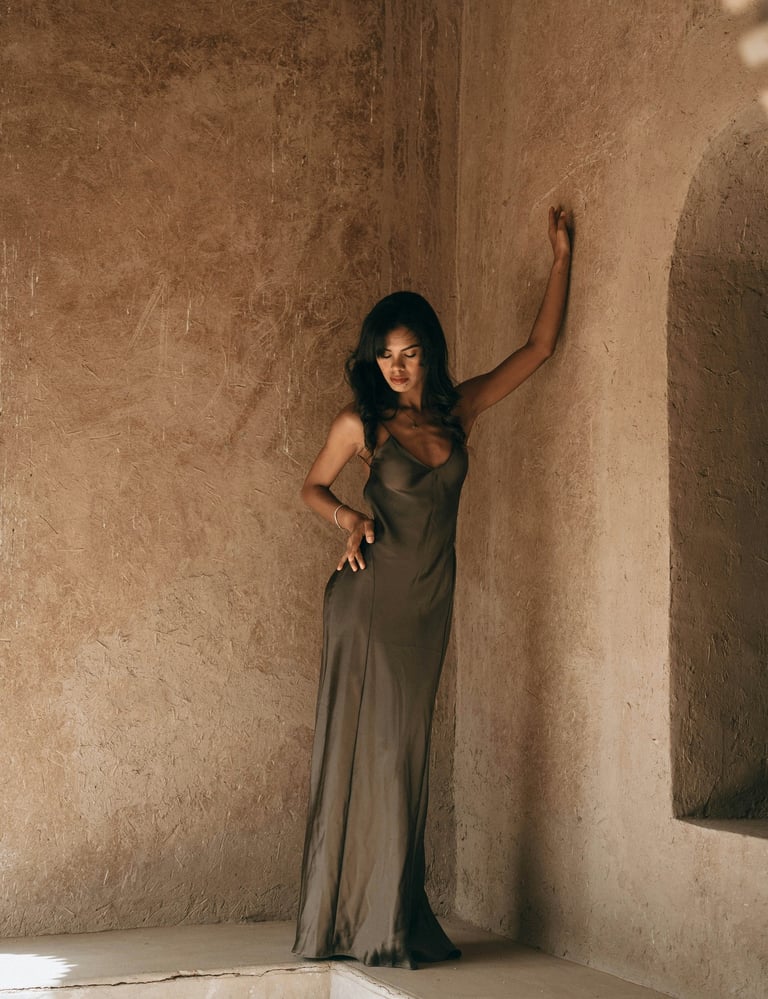 brown satin maxi dress