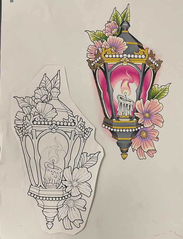 One Tattoo design of a colorful, mainly pink, lamp with a candle. Next to it is the linework only.