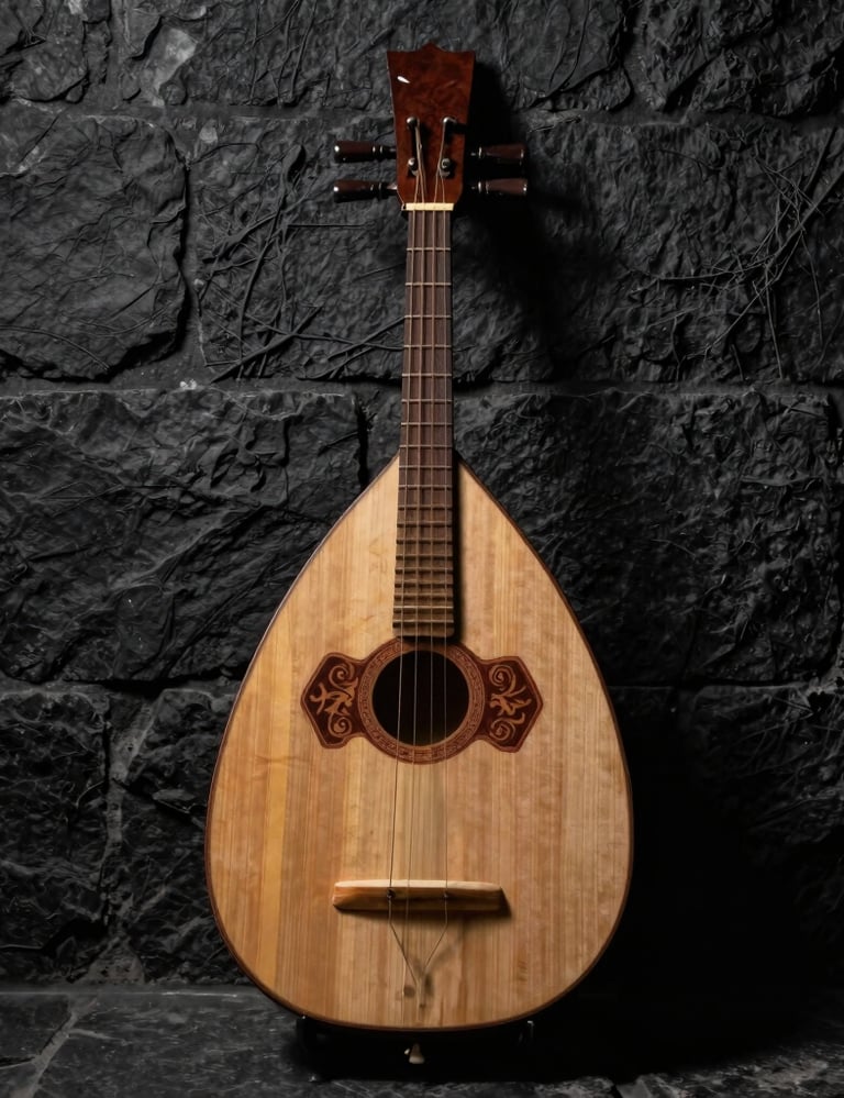 A cinematic high-contrast photograph of a traditional Moroccan Oud resting against a dark textured stone wall, with a single soft golden light highlighting the wooden grain.