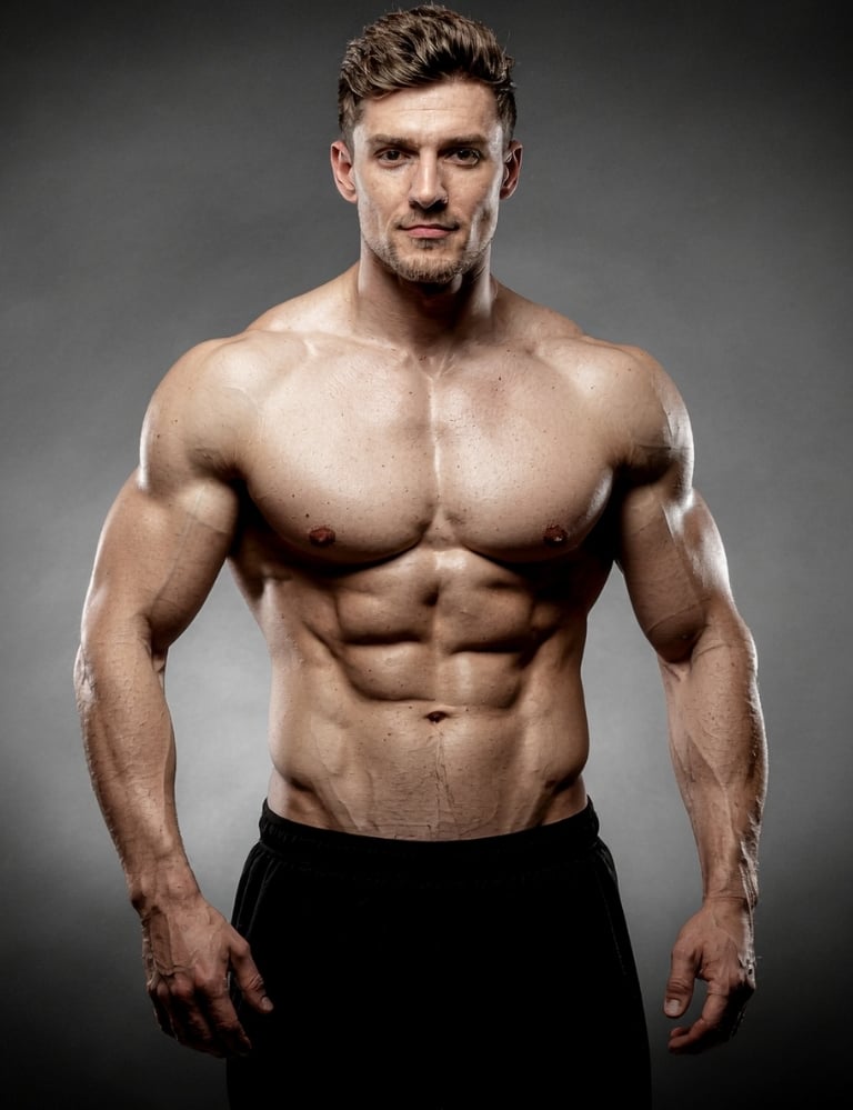 A muscular, fit man with a chiseled physique, six-pack abs, and defined chest and arms stands confidently against a gray