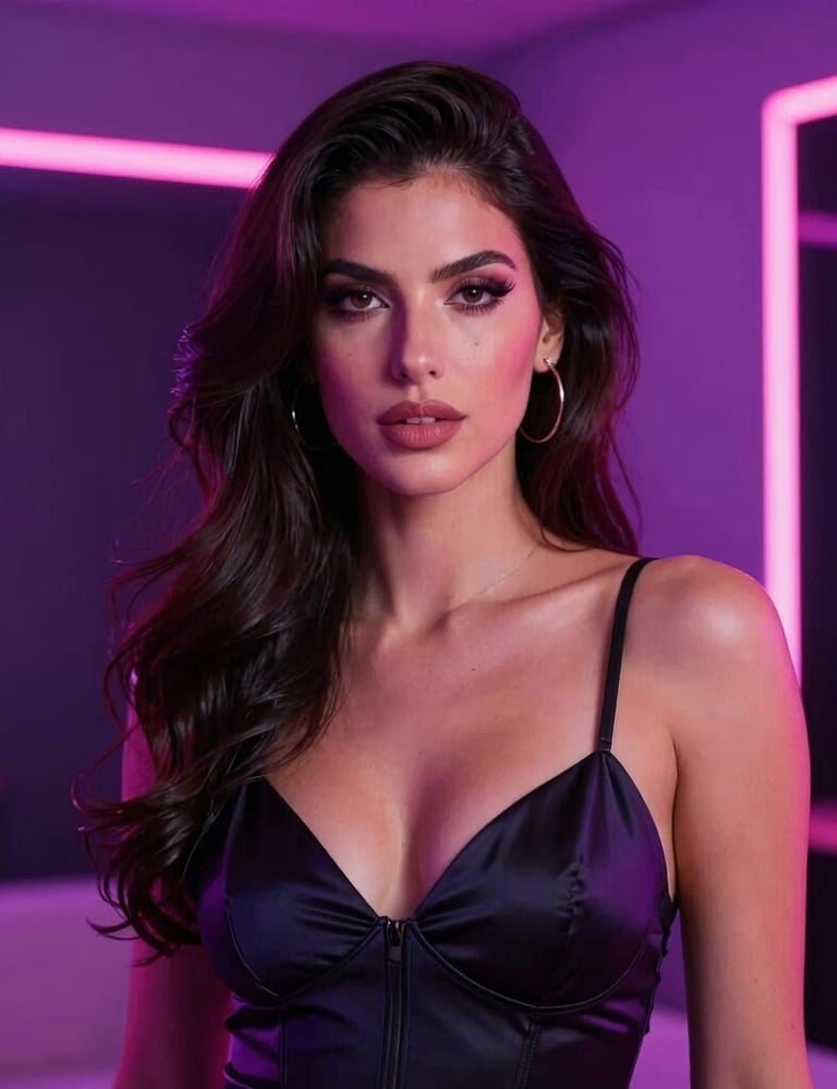 A premium high-definition video cover preview of a glamorous model in an elite studio setting. Seductive atmosphere with neon pink and electric violet lighting. Elegant, sophisticated adult entertainment vibe, Latin American / Global context, cinematic color grading.
