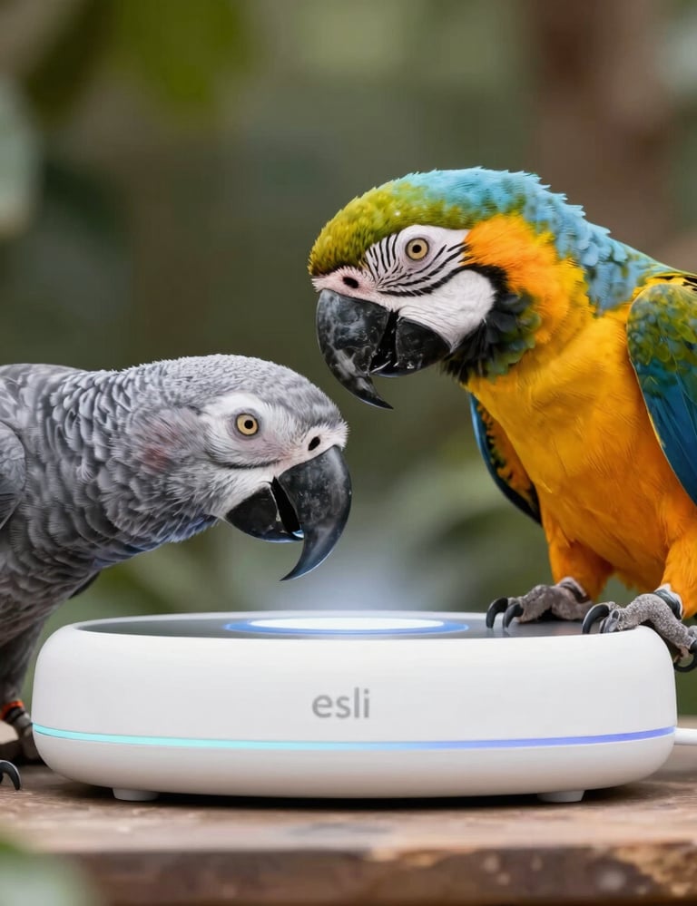 A Blue and Gold Macaw and an African Grey parrot interact with a smart home device on a wooden surface.