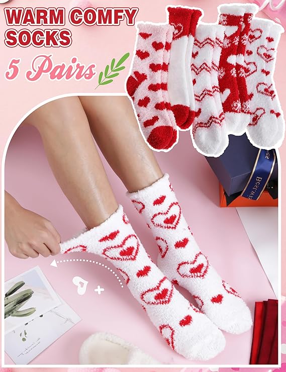 Women's fuzzy heart-patterned socks made from plush coral velvet, offering warmth and comfort.