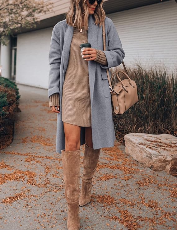 A chic women's long wool-blend coat with an open front and lapel neckline, featuring deep pockets 