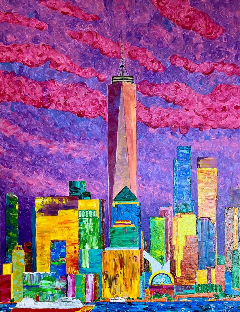 a painting of a New York City's downtown skyline by Tyler Witt