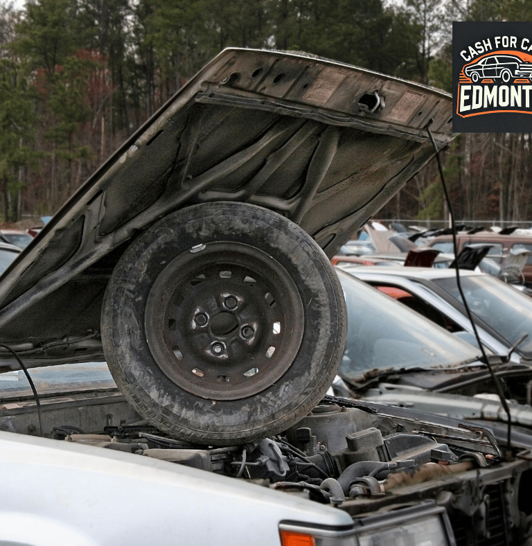 A scrap car with a hood up parked in a junk yard.