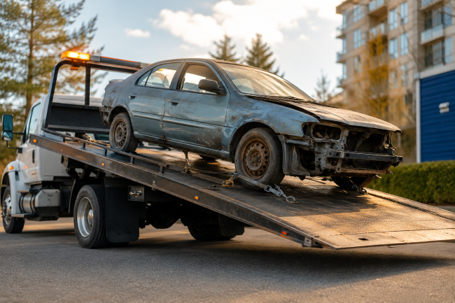 Damaged scrap car being loaded onto a tow truck for fast vehicle removal in Burnaby, BC.
