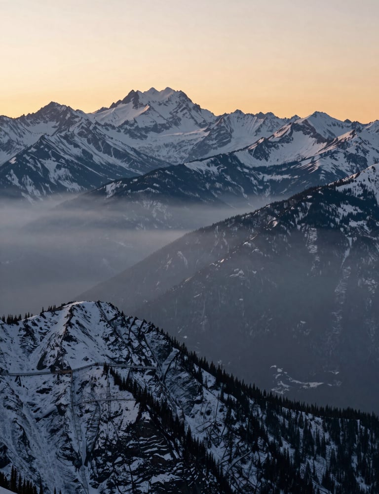 A breathtaking landscape photograph of the North American Rockies at dawn, with sharp focus on the snow-capped peaks and a soft pale mist in the valleys, demonstrating high dynamic range photography.