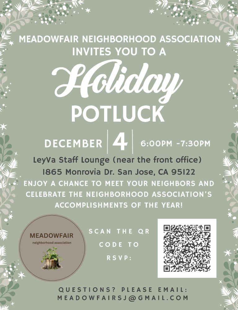 Information for the annual  potluck event for the Meadowfair neighborhood association in San Jose
