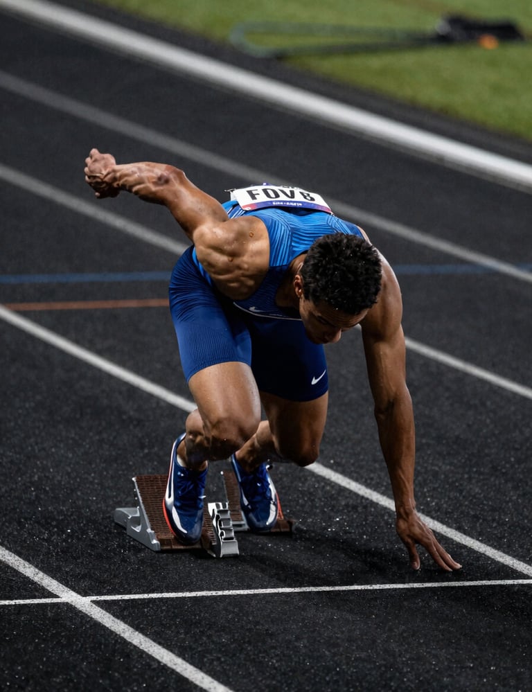 A dramatic, high-shutter speed photograph of a North American sprinter exploding out of starting blocks on a sleek, dark-surfaced track. Cinematic lighting highlights the muscle definition and water droplets, with a color palette of deep black and electric blue.
