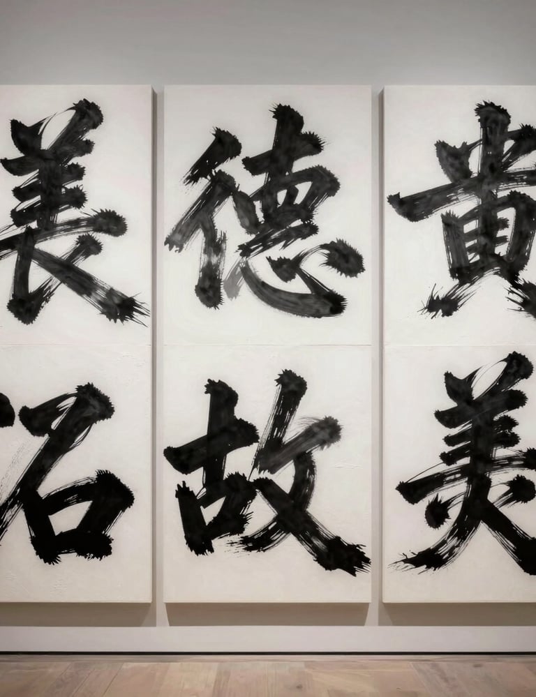 Photography of a monumental triptych of canvases showcasing bold black and grey calligraphy strokes on a stark white textured background, presented in a luxury museum setting.