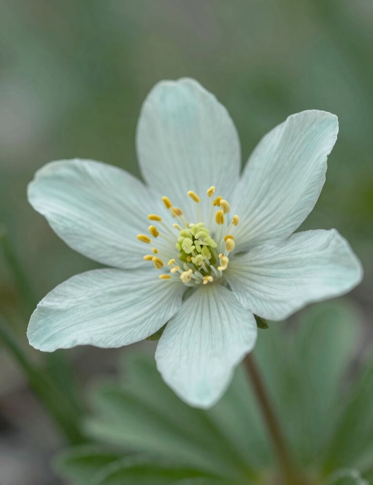 Macro photography of a delicate alpine flower in a North American meadow, with soft natural light highlighting the translucent petals. The color palette features light mint and sage green. Clean, professional artistic expression.