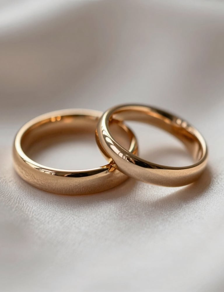 Detailed close-up of two elegant gold wedding bands on a minimalist silk background, natural soft lighting, European / Spanish style, muted brown and off-white color palette.