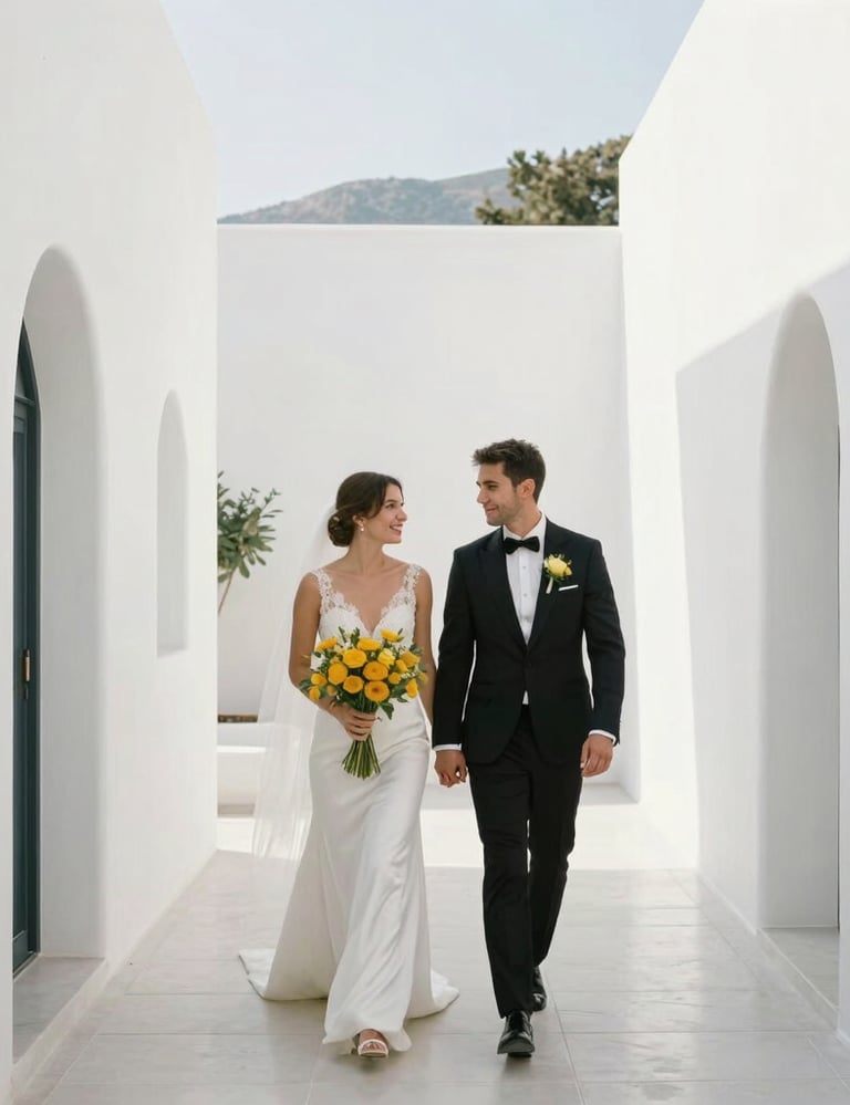 Wedding couple walking through a minimalist white-walled garden in Bodrum, Middle Eastern / Turkish style. The shot is clean and modern, highlighting the contrast between the white architecture and the mustard yellow bouquet. High resolution, professional photography.