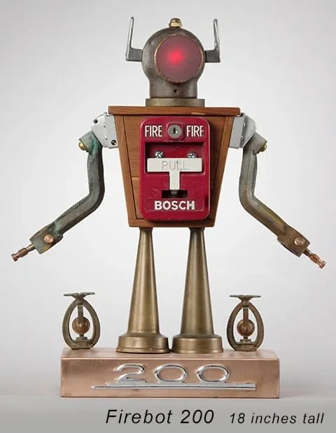 Found object robot sculpture named Firebot 200 by Santa Barbara artist Tal Avitzur.