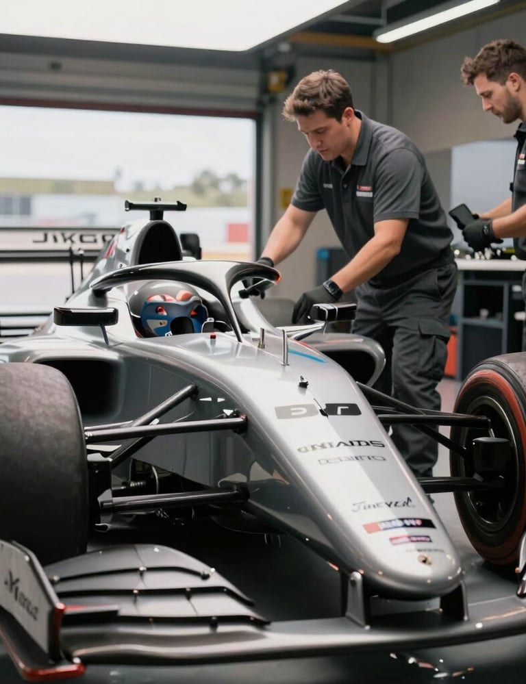 A cinematic shot of a racing garage in the North American / US circuit. Soft light hits the sleek nose of a formula car, with mechanics in dark gray uniforms working in the background. Sophisticated, technical atmosphere.