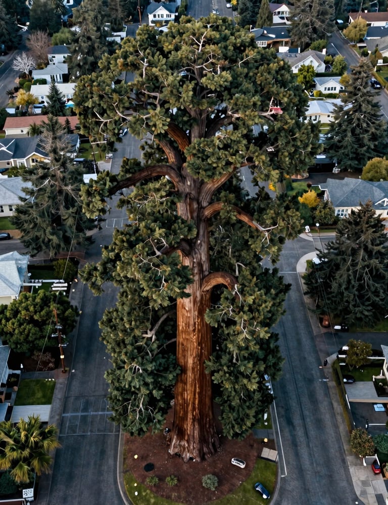 Cinematic drone photography of a colossal Giant Sequoia rising above a suburban street in Eugene, Oregon. The aerial perspective shows the immense scale of the tree compared to the houses. North American / US Pacific Northwest setting with a palette of deep slate and pale greens.